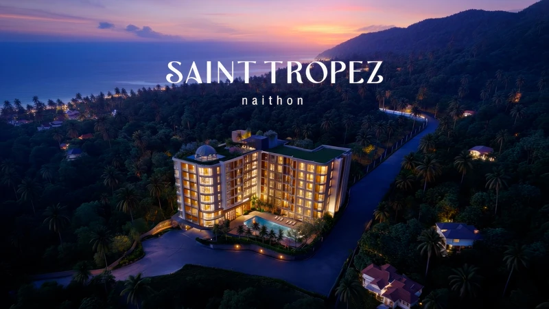 Saint Tropez Naithon — aerial view at sunset over Nai Thon bay
