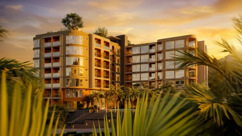 Saint Tropez Naithon — the terracotta facade at sunset