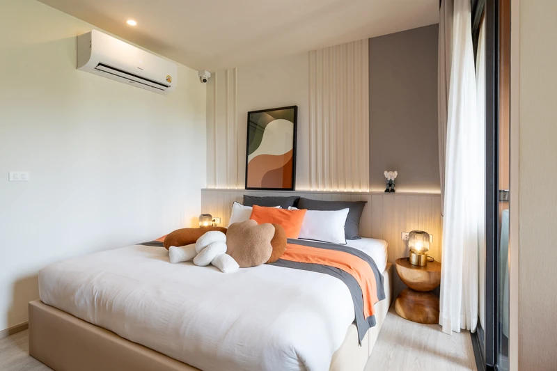 Saint Tropez Naithon — studio A show unit: sleeping area and air conditioner